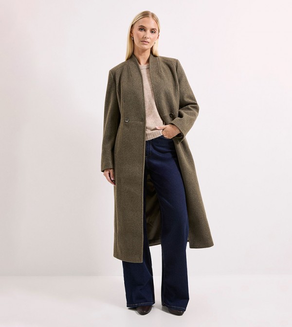 Dart Neck Collarless Double Breasted Coat