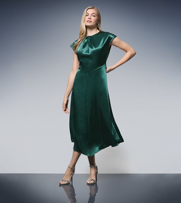 Twist Neck Asymmetric Hem Satin Midi Party Dress