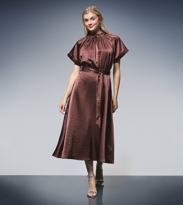 Gathered Neck Flared Skirt Satin Midi Dress