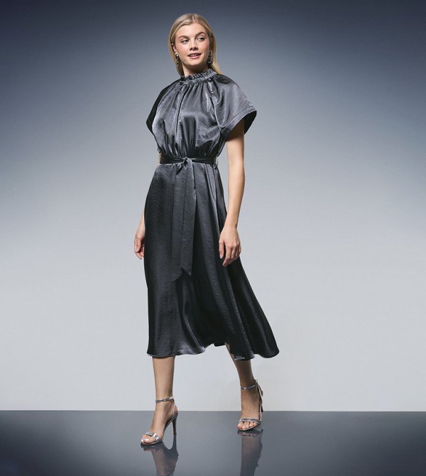 Gathered Neck Satin Flared Midi Dress