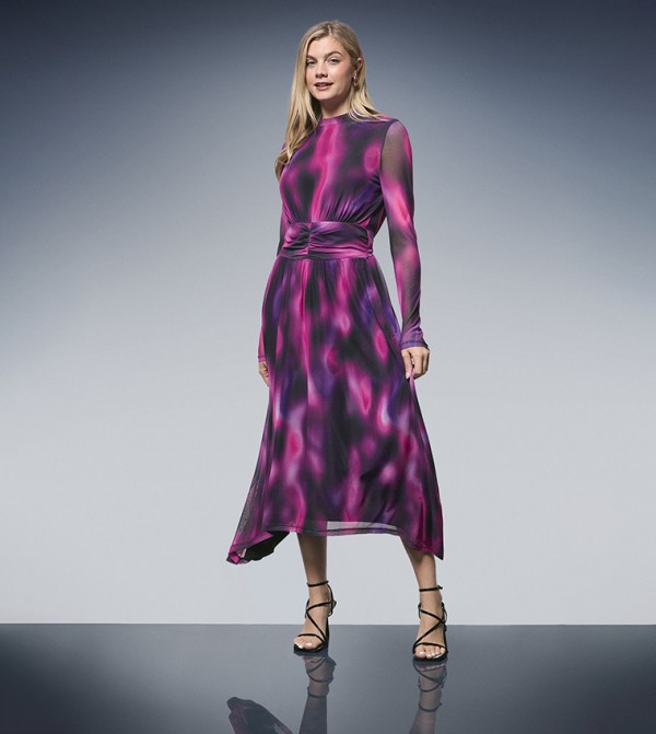 Printed Tie Waist Hanky Hem Mesh Midi Dress