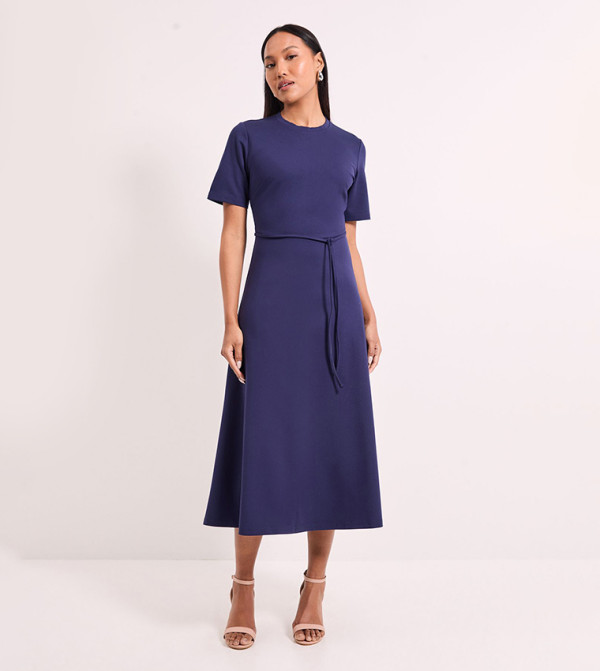 High Neck Flared Skirt Ponte Midi Dress