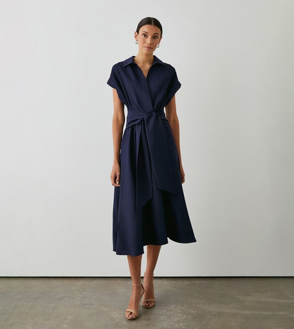 Tie-Up Waist Short Sleeves Midi Shirt Dress