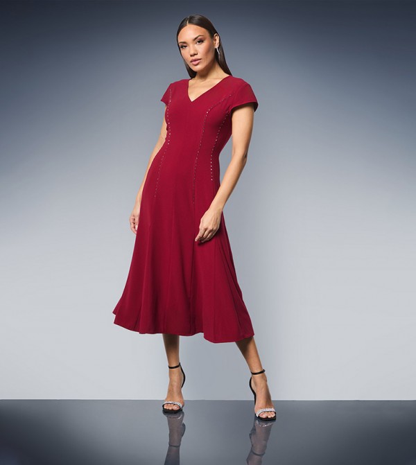 Studded Fit & Flare Crepe Midi Dress