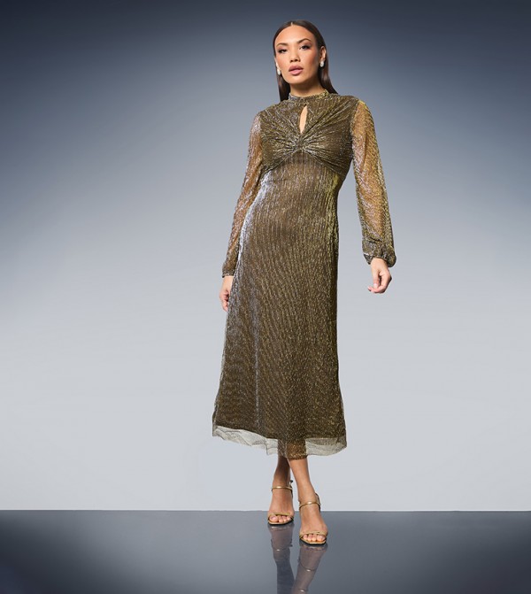 Keyhole Neck  Detail Sparkle Plisse Jersey Midi Dress