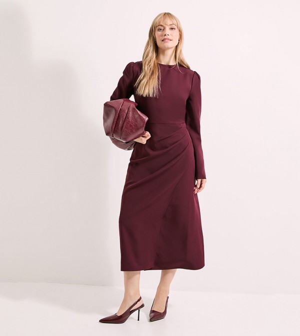 Solid Long Sleeves Wrap Skirt Crepe Midi Dress