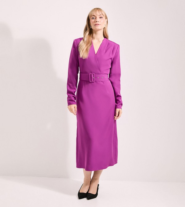 Wrap Neck Belted Crepe Midi Dress