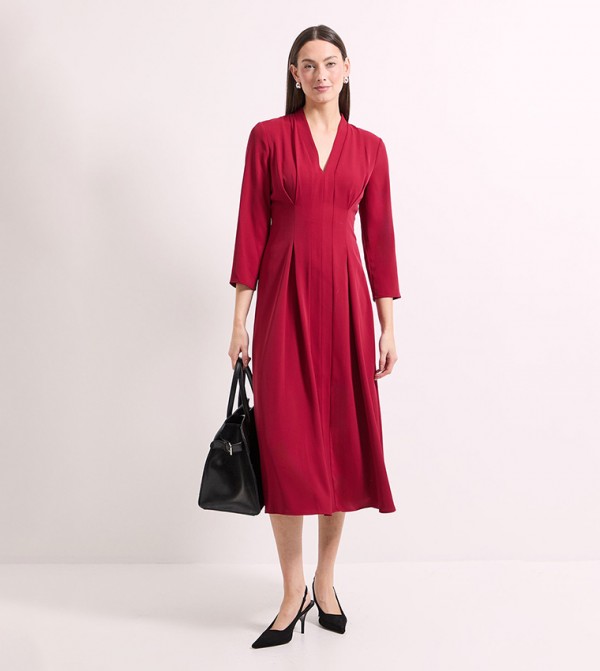 Panel And Pleated Detail Crepe Midi Dress