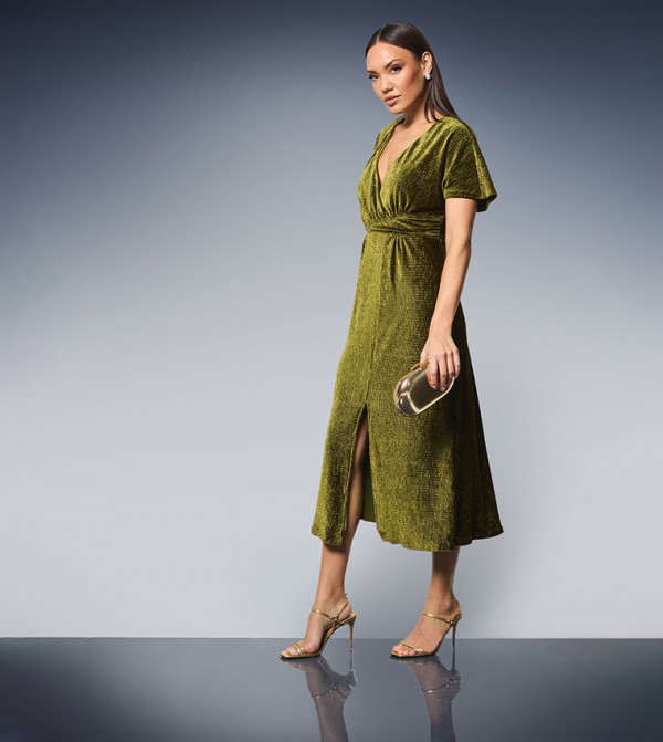 Wrap Crinkle Velvet Midi Dress