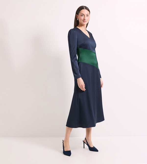 Color Block Satin Crepe Fit & Flare Midi Dress