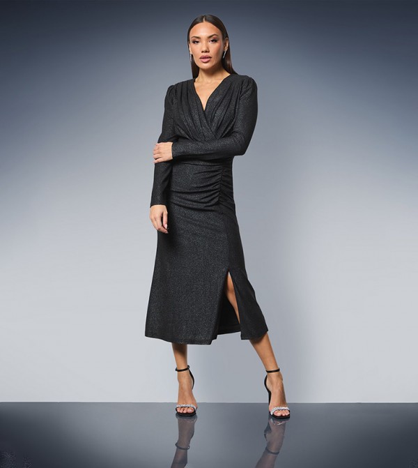 Ruched Front Wrap Neck Glitter Jersey Midi Dress
