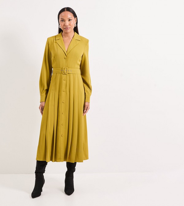 Pleat Skirt Belted Shirt Dress
