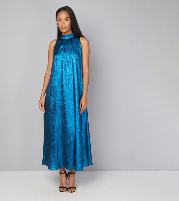 Halterneck Pleated Lame Midaxi Dress