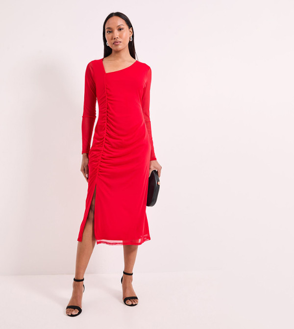 Ruched Draw Cord Detail Mesh Midi Dress