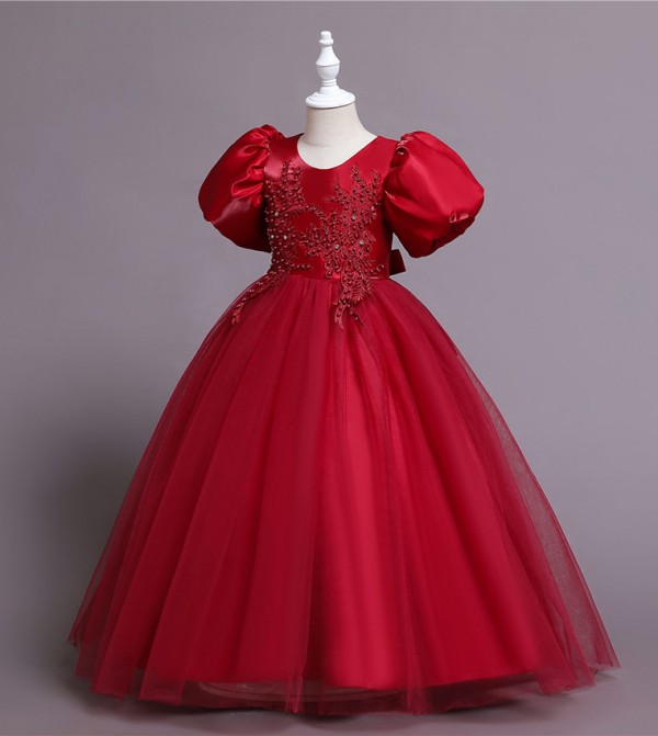 Puff Sleeve Long Tulle Pearl Dress