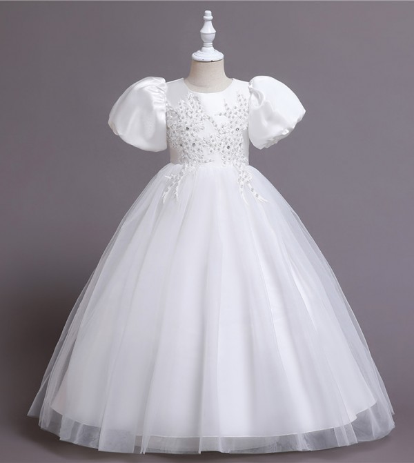 Puff Sleeve Long Tulle Pearl Dress