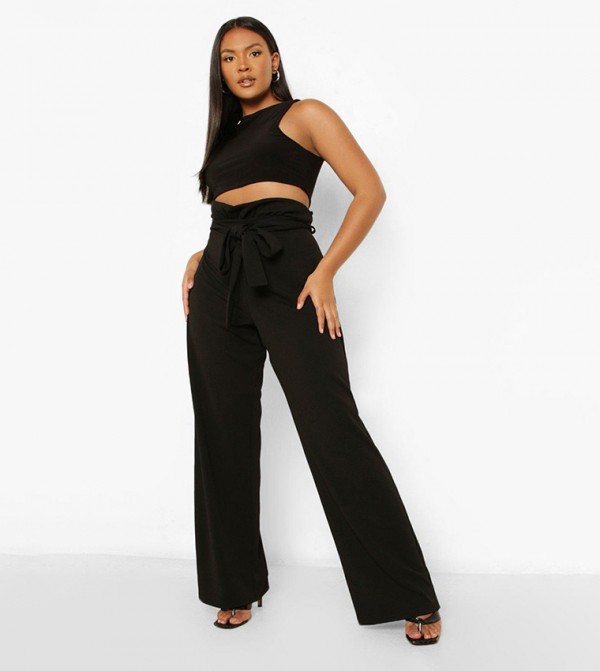 Buy Boohoo Paperbag Belted Slim Wide Leg Trousers In Black | 6thStreet Oman