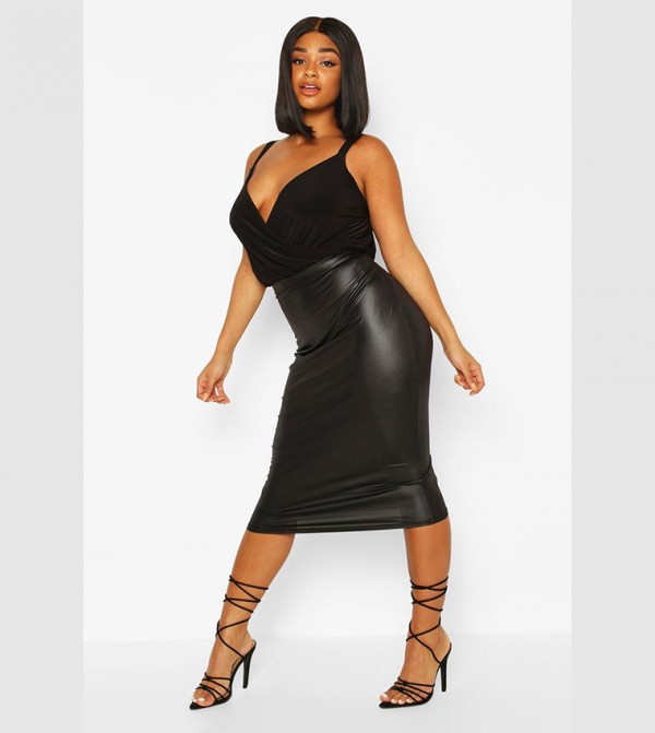 Black leather look midi skirt discount