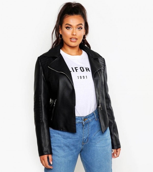 Pu Leather Look Quilted Biker Jacket