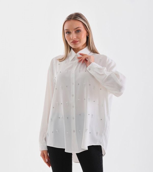 Embellished Button Down Collar Satin Shirt