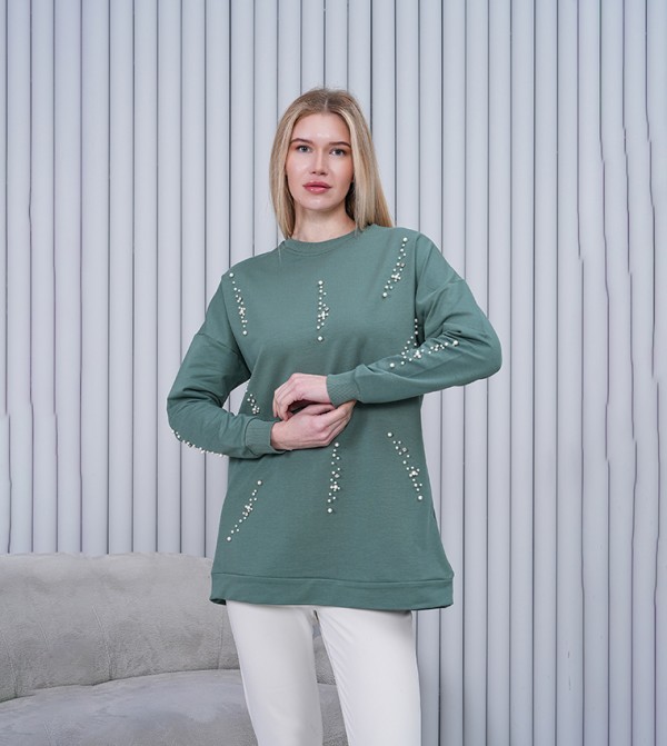 Pearl Embellished Crew Neck Sweatshirt