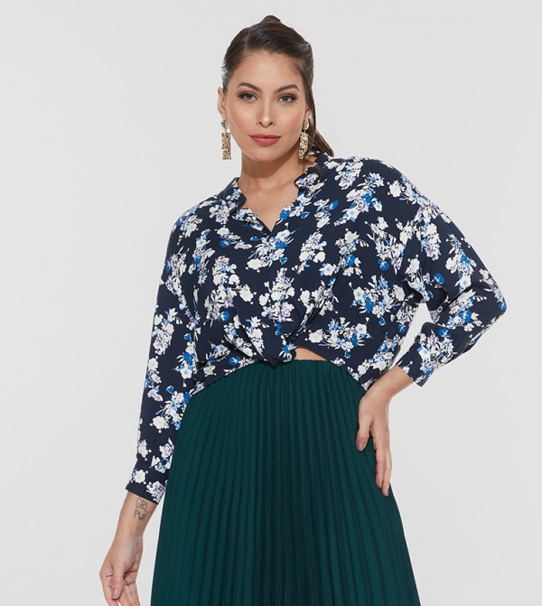 Floral Top with Stand Collar and Long Sleeves
