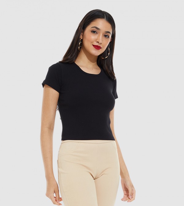 Solid Round Neck Short Sleeves Top