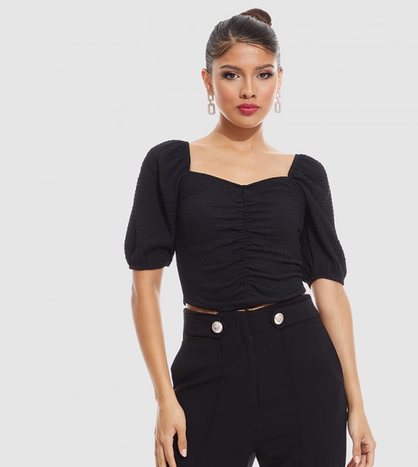 Crinkled Top with Sweetheart Neck and Puff Sleeves
