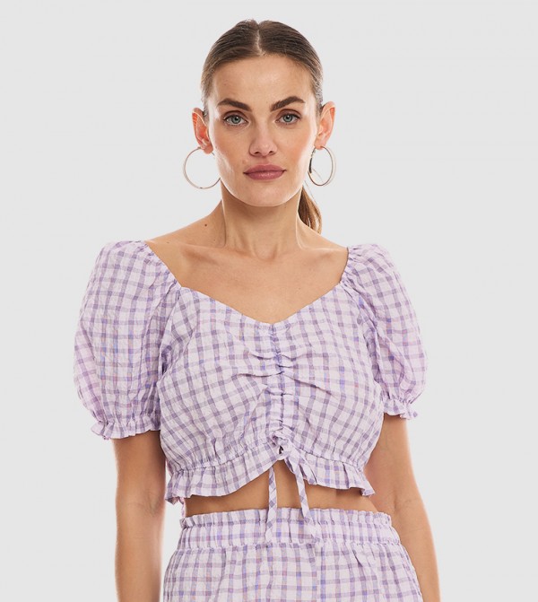 Checkered Crop Top with Puff Sleeves