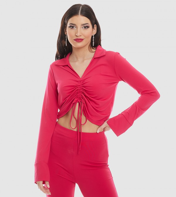 Solid Crop Top with Shirt Collar and Drawstring Front