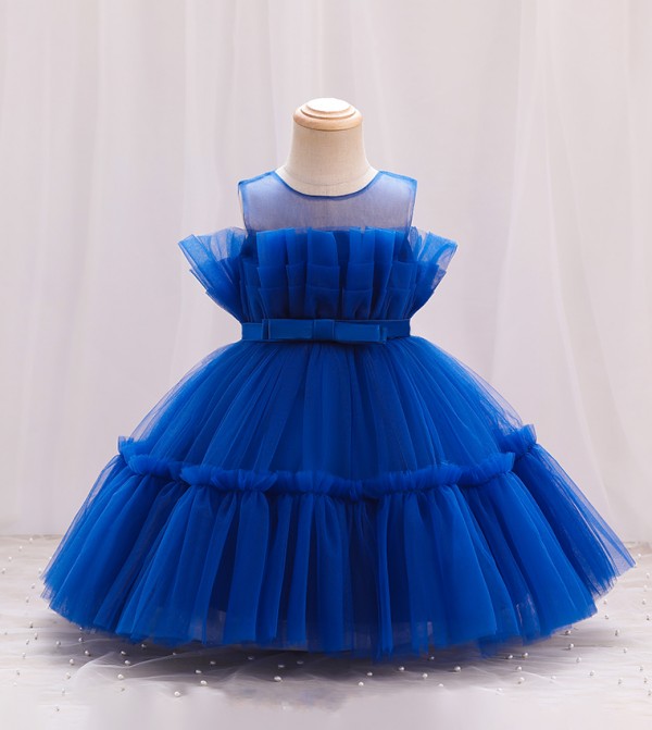Girl's Bow Front Ruffle Hem Mesh Gown Dress
