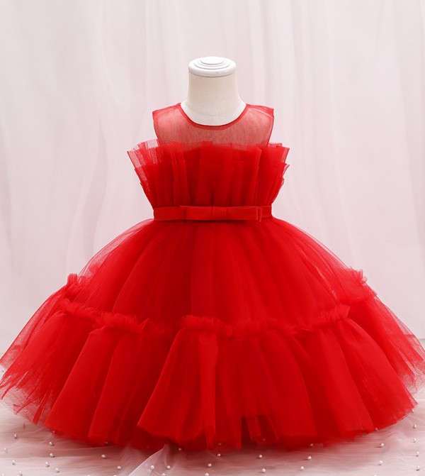Bow Front Ruffle Hem Mesh Gown Dress