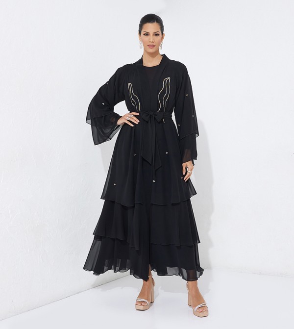 Embellished Waist Belt Layered Abaya