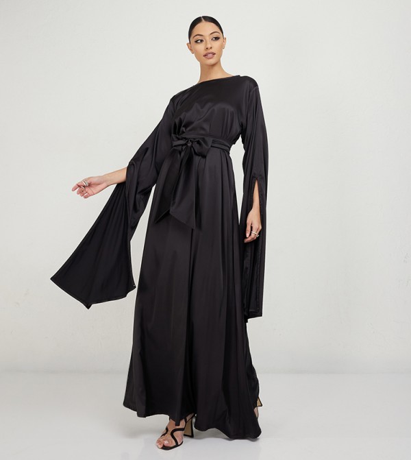 Solid Belted Long Sleeves Abaya