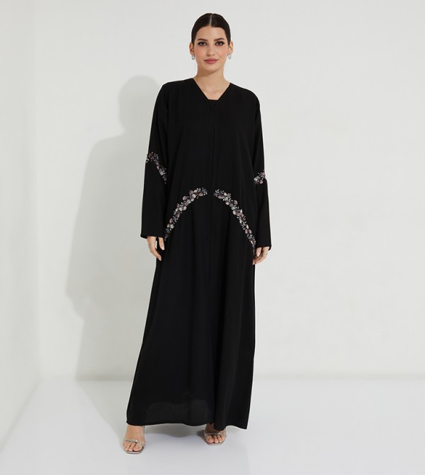 Buy Rosette Abaya Placement Hand Embroidered Abaya In Black | 6thStreet UAE
