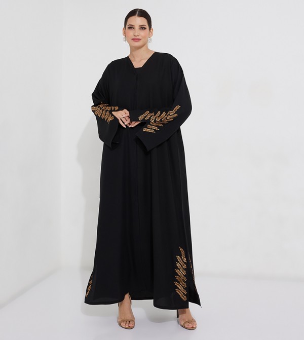 Open Abaya with Leaves Waving Stitching