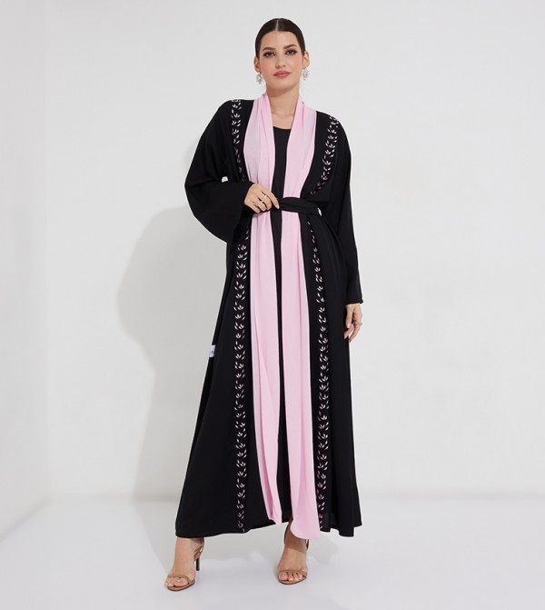 Embroidered Chiffon Stone Detailed Open Abaya