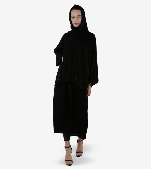 Bead Embellished Long Wide Sleeves Abaya