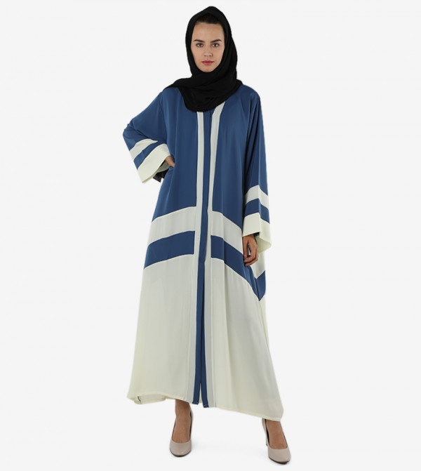 Color Block Front Open Long Sleeves V-Neck Abaya