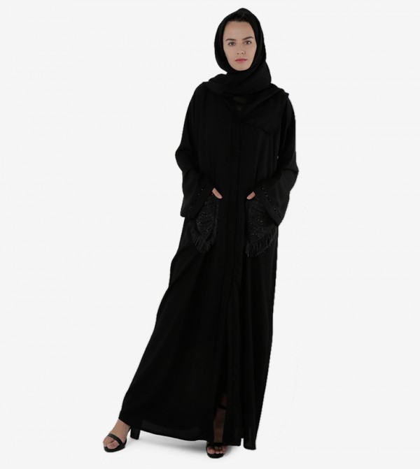 Long Sleeves Pocket Detail Open Front Abaya