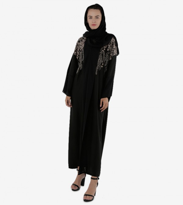 Floral Printed Long Sleeves Front Open Abaya