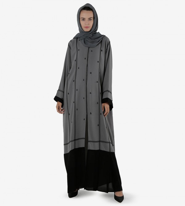 Striped Open Front Wide Sleeves Abaya