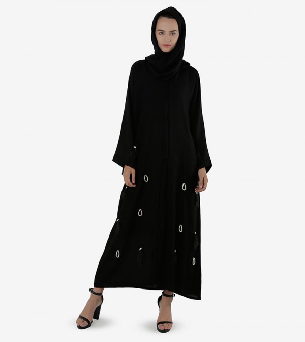 Bead Embellished Open Front Wide Sleeves Abaya