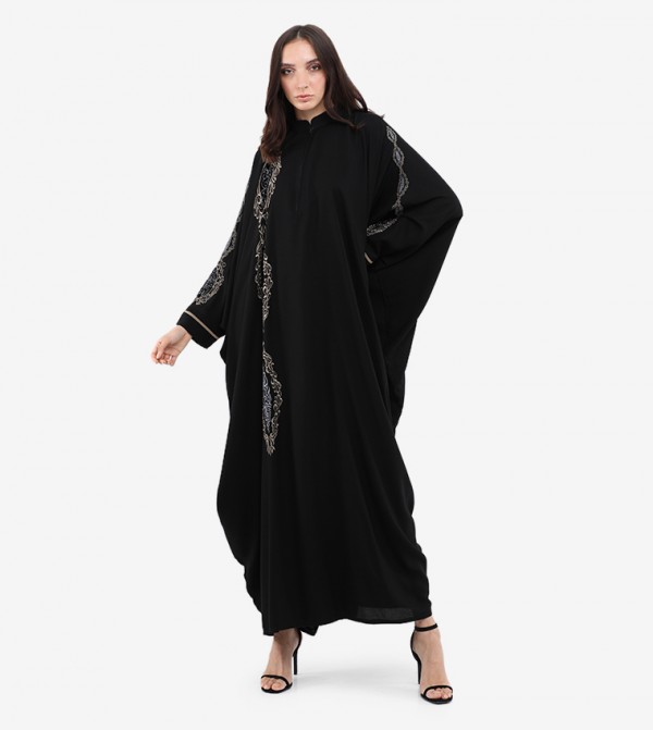 Embroidery V-Neck Long Sleeve Abaya