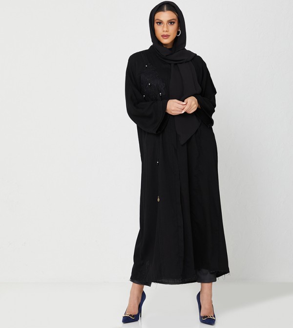 Abaya On Design With Flower Laise And Stone Hand Work-Multi
