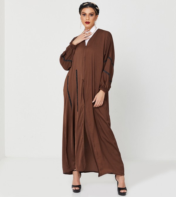 Abaya On Design With Black Laise Full Top To Botton-Brown