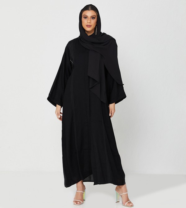 Abaya On Design With White Lines And Laise And Pearls-Black