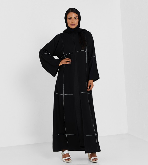 Black Abaya With White And Black Stone Hand Work