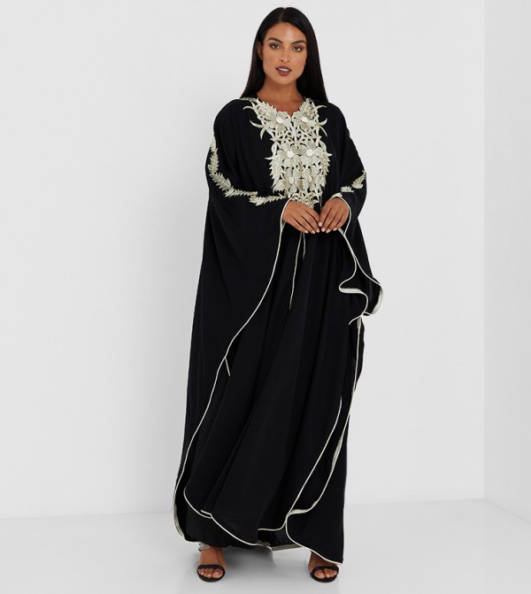 Black Abaya With Golden Color Machine Embroidery Work And Also Piping Design Full Body