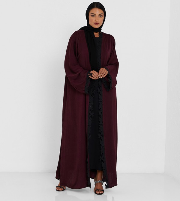 Maroon And Black Two Color Abaya With Black Laise And Black Stone Work